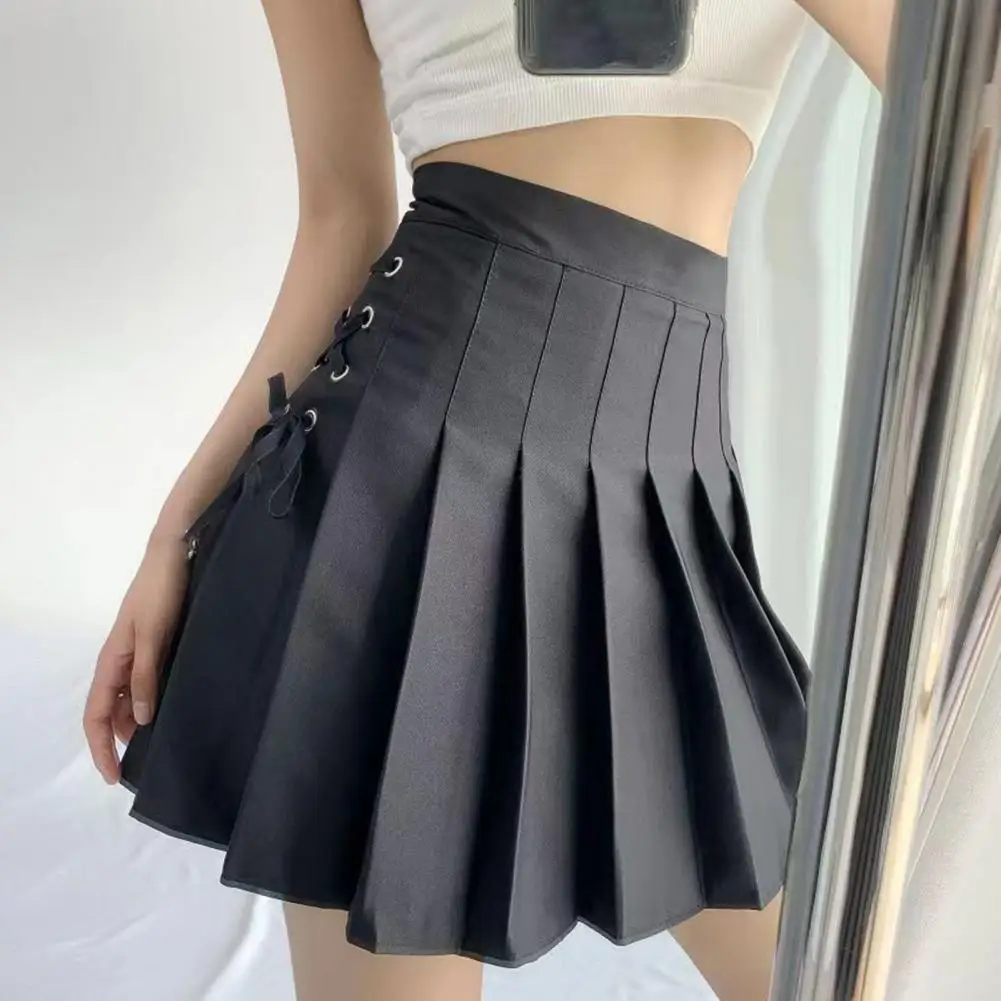 

High-waisted Skirt Women Plaid Mini Skirt Chic High-waisted Lace-up Mini Skirt for Women Elegant Pleated A-line Style