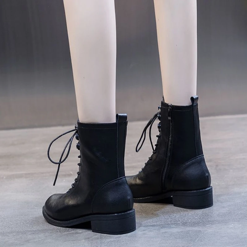 Short Shoes for Women Lace-up Footwear Elegant with Medium Heels Laces Female Ankle Boots Pointed Toe Booties Punk Style Combat