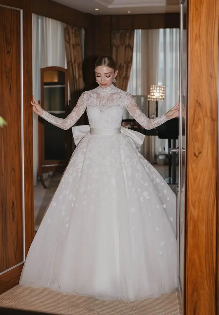 Lace Wedding Dress Ball Gown Vestido De Novia Manga Larga Cuello Alto Elegantes Vintage Bespoke Para Boda Por La Iglesia Bride