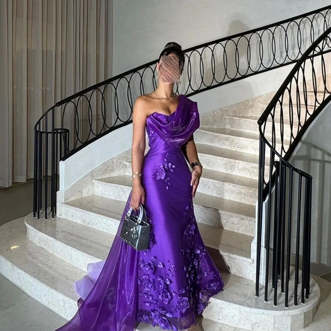 Bella personnalisé violet épaules inclinées sirène robes de soirée 3D fleurs Satin robes de soirée parole longueur robe de bal 2025