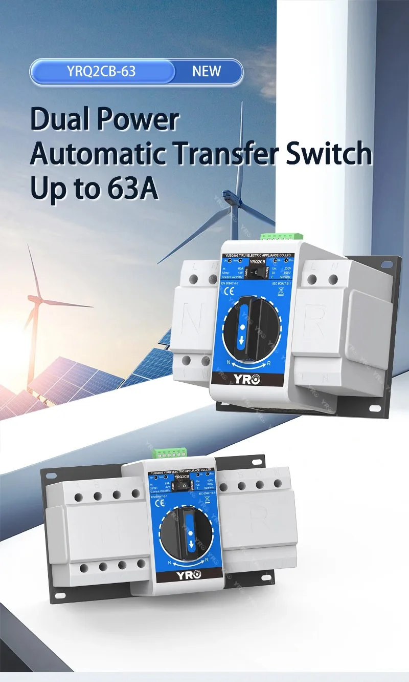 YRO Dual Power Automatic Transfer Switch Changeover 32A 63A 2P Automatic Transfer Switching for Power Generator
