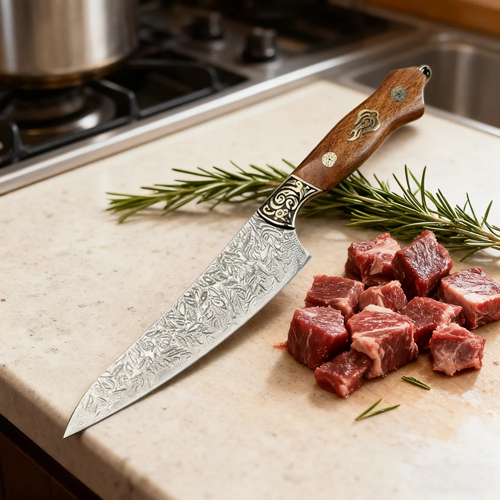 

6,9-дюймовый нож шеф-повара из дамасской стали, лезвие 9Cr18CoMov, нож для нарезки мяса, овощей, кухонный нож, медная декоративная деревянная ручка