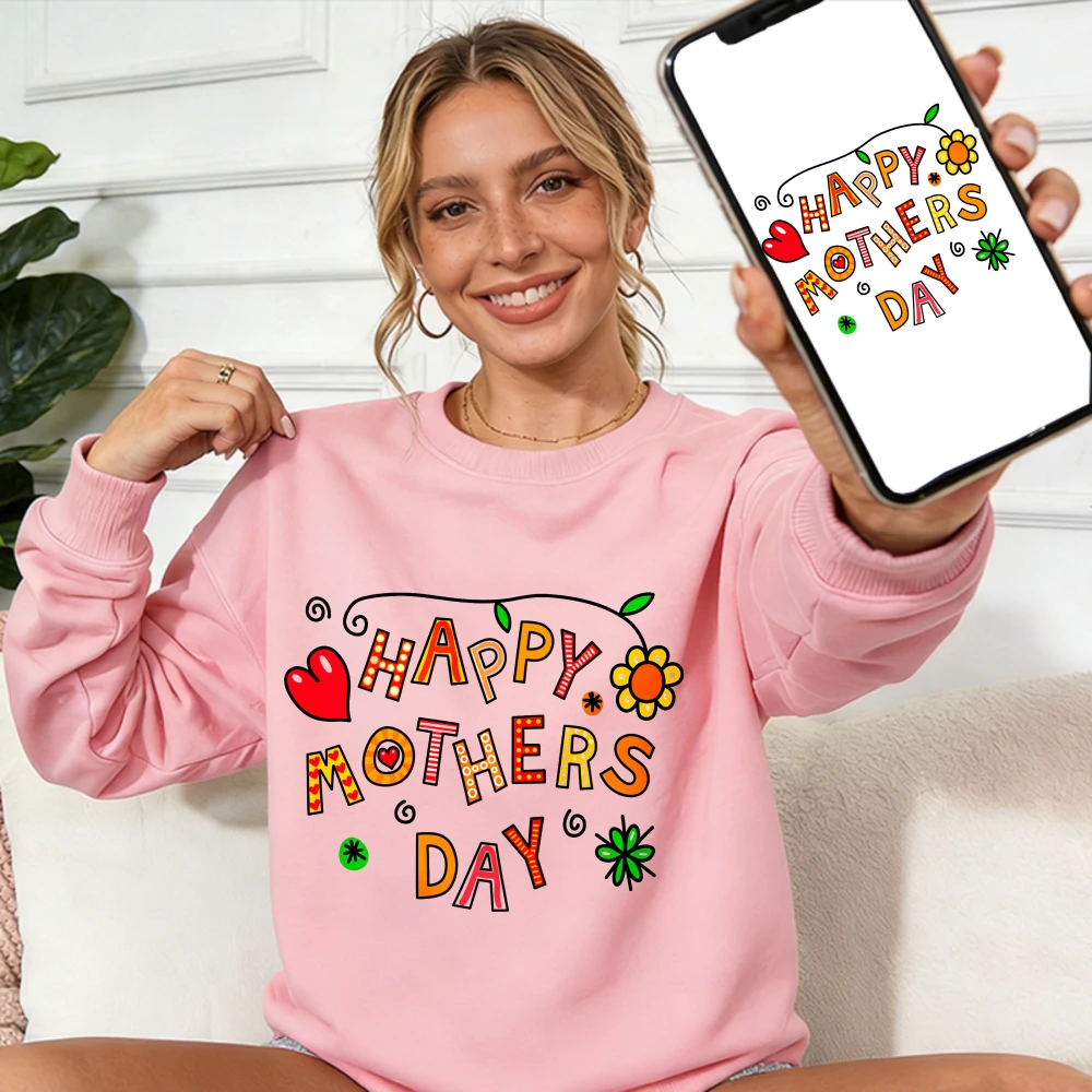 

Playful Hand Drawn Happy Mothers Day Sweatshirt Colorful Floral Heart Crewneck Cozy Pullover Charming Gift Winter Thermal Hoodie