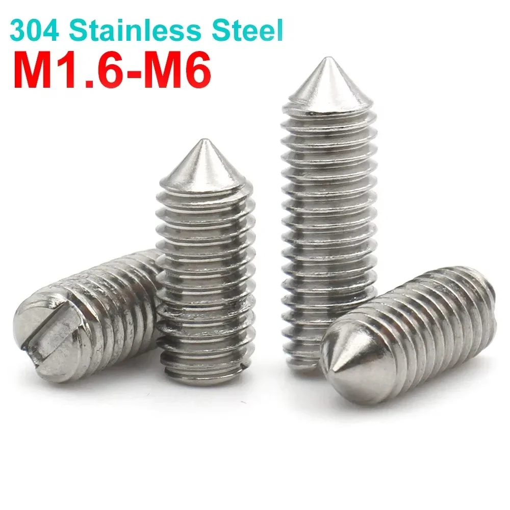 10pcs/lot M1.6 M2 M2.5 M3 M4 M5 M6 A2-70 304 Stainless Steel Slotted Head Tapered End Cone Point Grub Set Screw