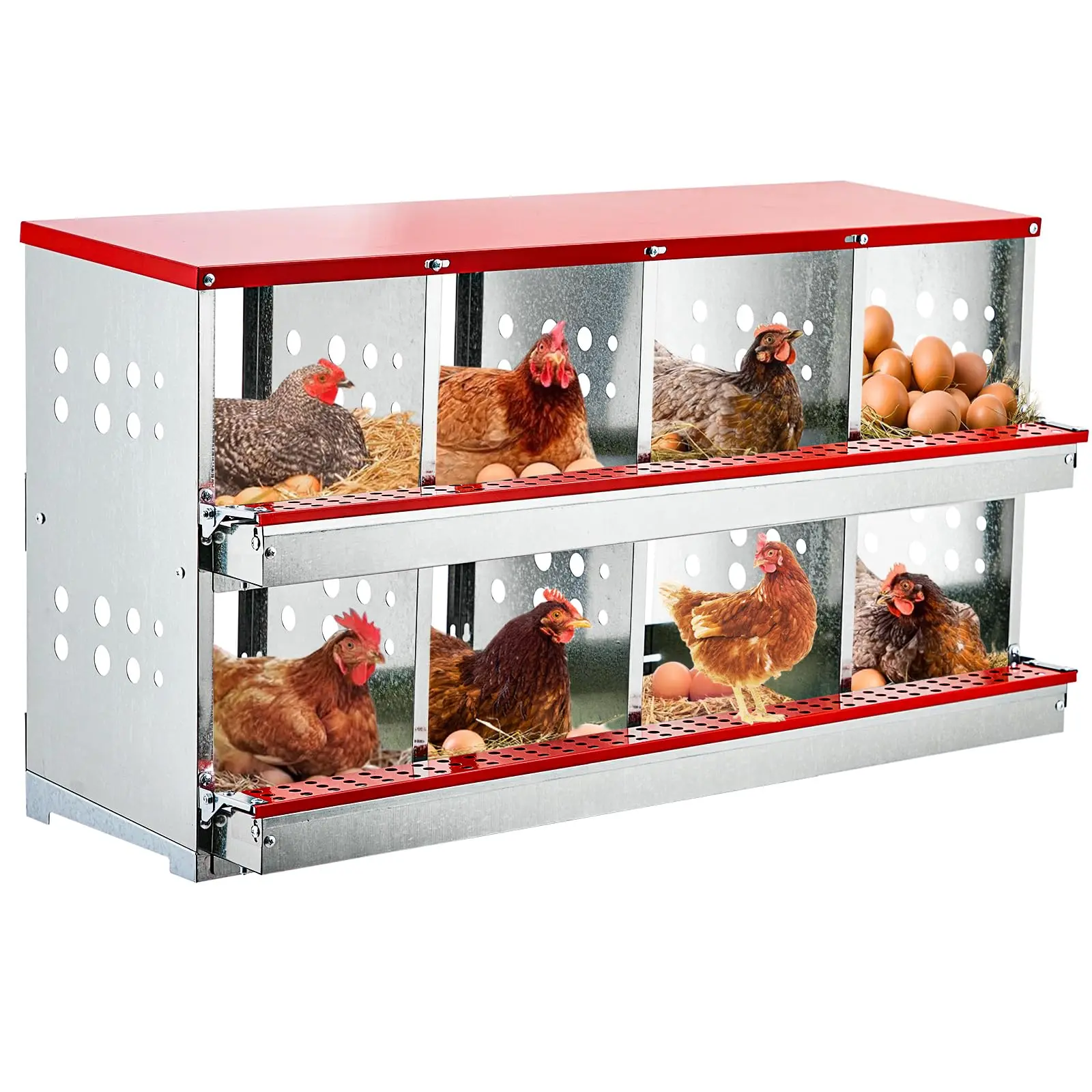 8-Compartment Metal Chicken Nesting Box – Heavy Duty Roll-Out Design with Perch – Durable Poultry Coop Accessory for Laying Hens and Ducks – Ideal for Backyard Farms