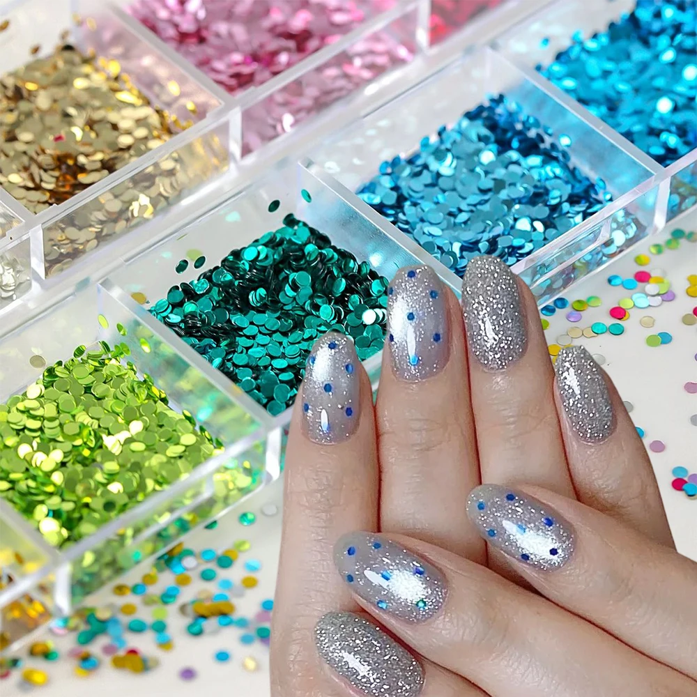 Flocons scintillants à pois, 12 couleurs/boîte, paillettes holographiques bleues et roses, mini paillettes rondes, accessoires de manucure, fournitures pour ongles