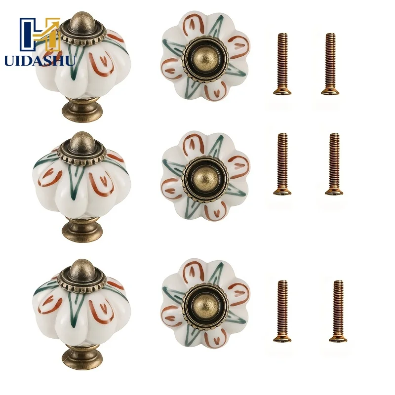 6Pcs Ivory Ceramic Pumpkin Knobs Floral Cabinet Drawer Handles Vintage Dresser Wardrobe Door Pulls Furniture Knobs