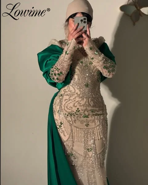 

Arabic Champagne Evening Gown Customized Beaded Tassels Crystal Prom Dress Long Sleeve Formal Mermaid Party Dress Robe De Mariée
