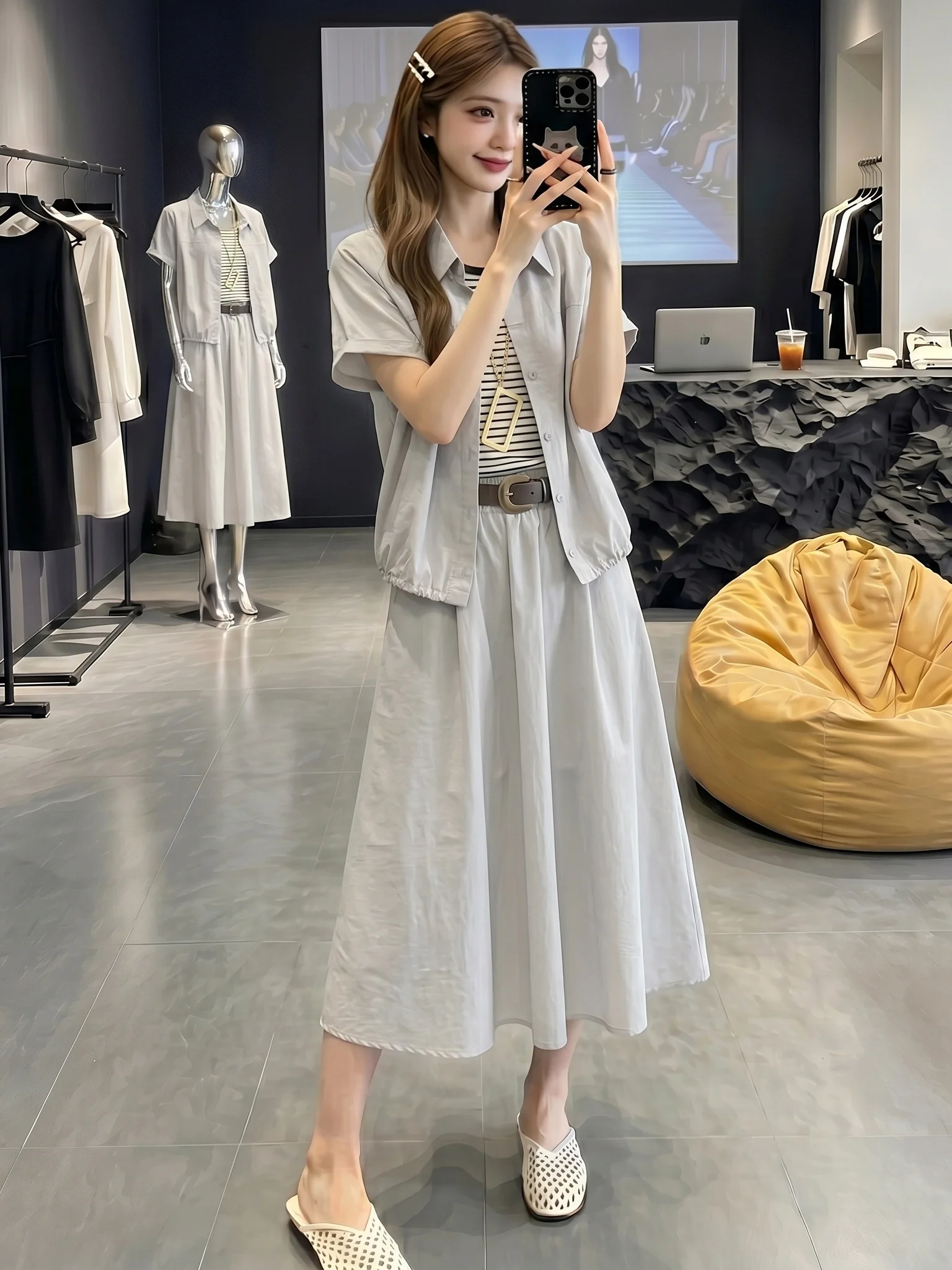 

Unique Beautiful Summer Outfit Two-Piece Set plus Size Fashionable Striped Short Sleeve Shirt Half Skirt Ensemble Breathable ...