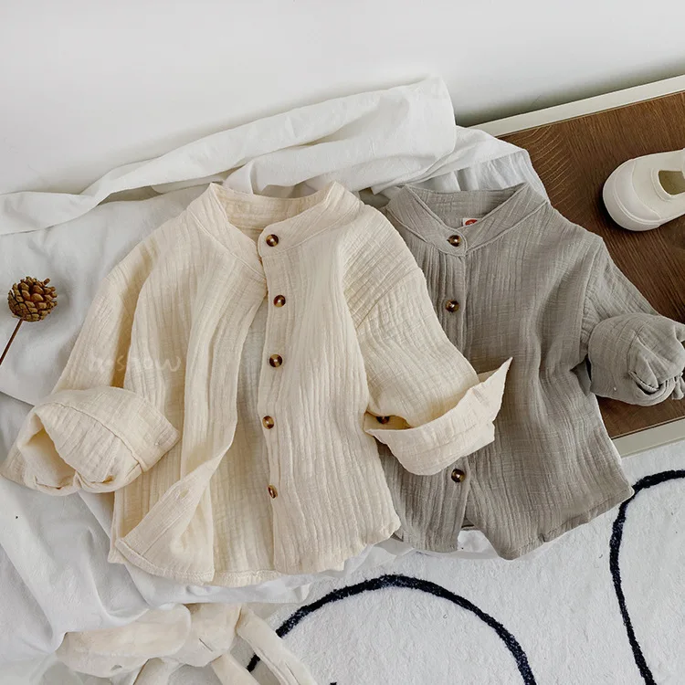 

Весенне-осенняя детская рубашка в стиле ретро, мужская и женская хлопковая рубашка из конопли с воротником-стойкой, корейское издание, модная футболка с длинным рукавом