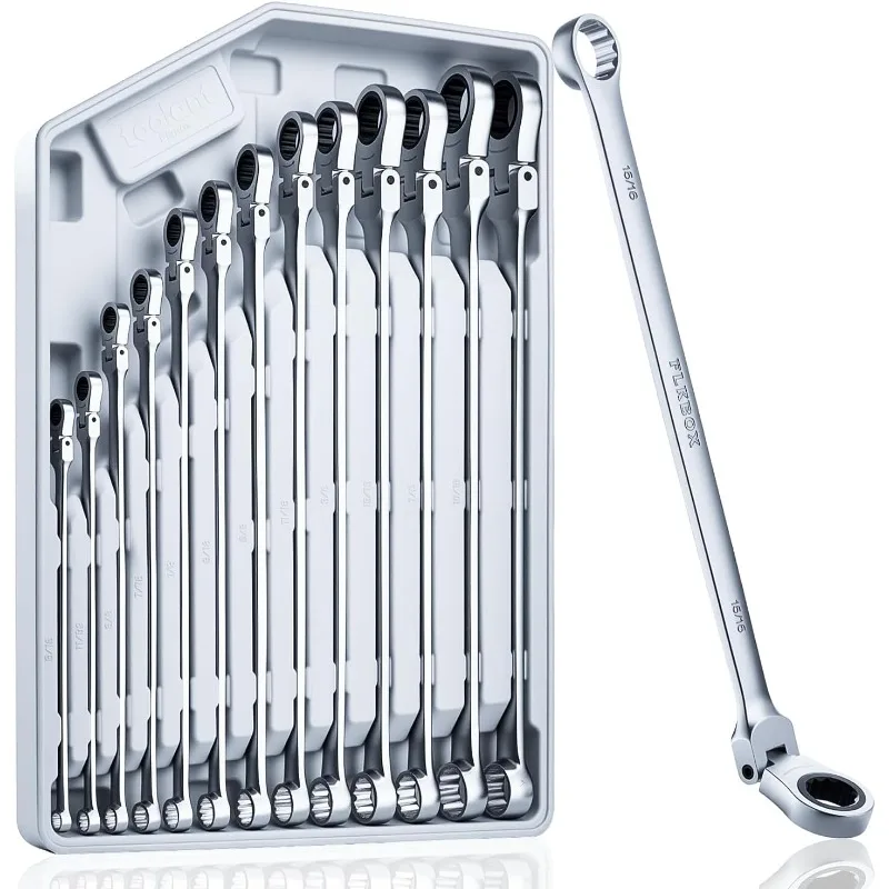 

Extra Long Ratcheting Wrench Set, Flex Head & Fixed Offset Head Double Box End Combination Wrench Set, CR-V Steel, SAE 5
