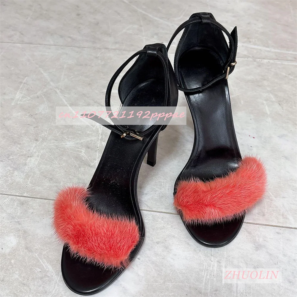 

Summer Orange Fur High Heels Round Toe Stiletto Buckle Strap Large Size Shoes Elegant Simple Party Evening Sandals Zapatos Mujer