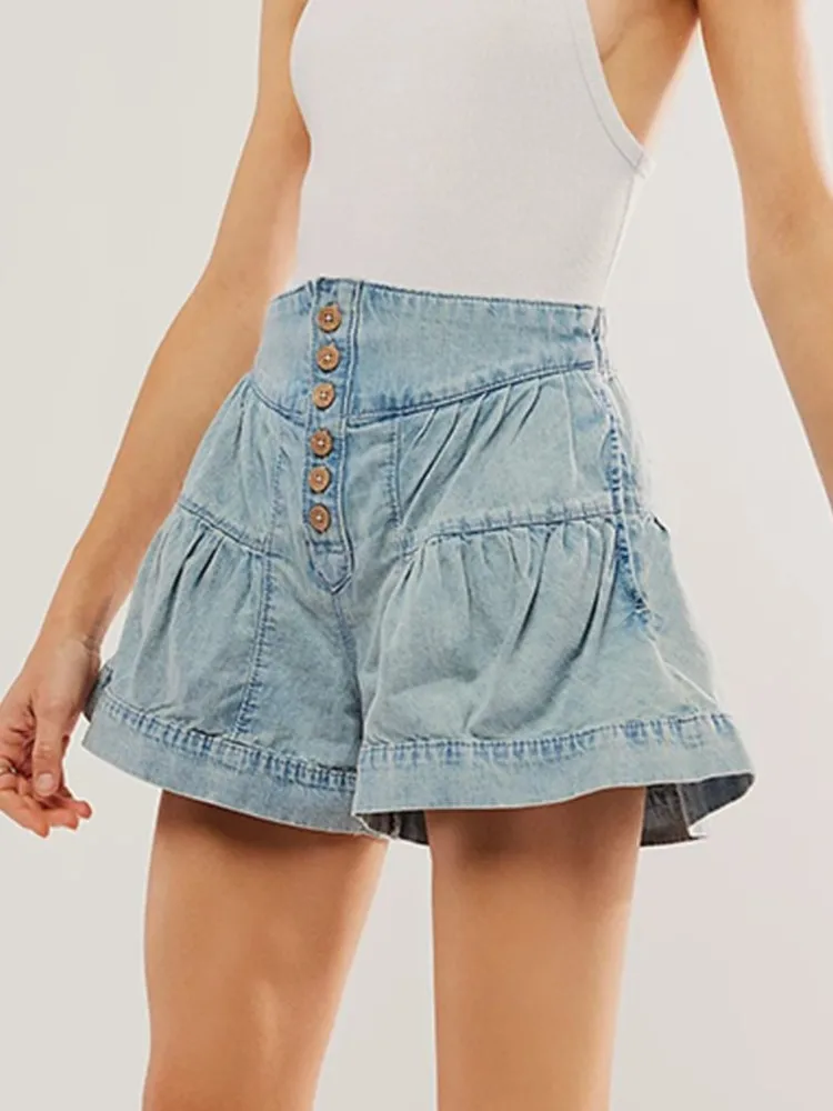 Elegant Washed Denim Shorts Summer Women High Waist Loose Ruffles Commuting Solid Color A Line Button Decoration All-match Jeans
