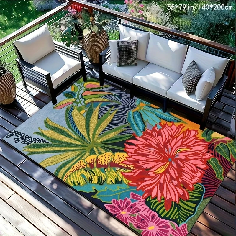 VIKAMA Tropical Flower Outdoor Carpet Spring Summer Patio RV Picnic Mat Easy Clean Living Room Floor Rug Home Decor