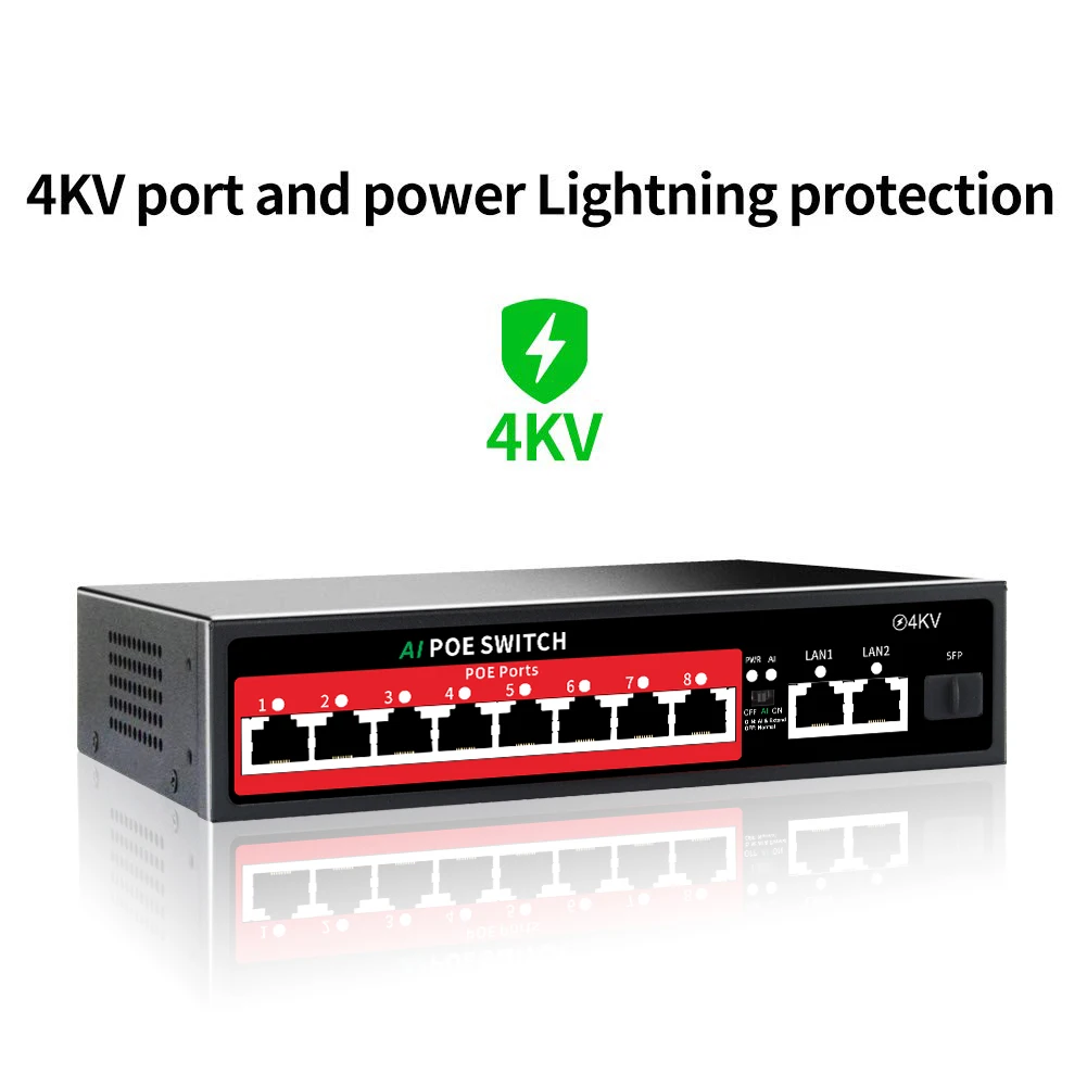 8 PoE ports 100mbps unmanaged network switch for CCTV with 2 Gigabit uplink stackable VLAN 1 year warranty