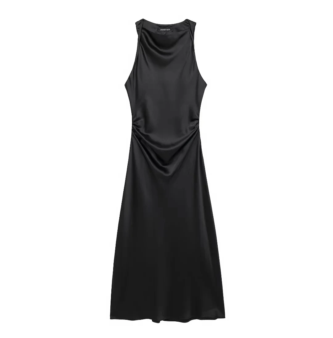 TRAF Sleeveless Slip Satin Dress Ruched Tank Long Dresses For Women Summer Midi Party Dresses Off Shoulder Pleated Elegant Dress