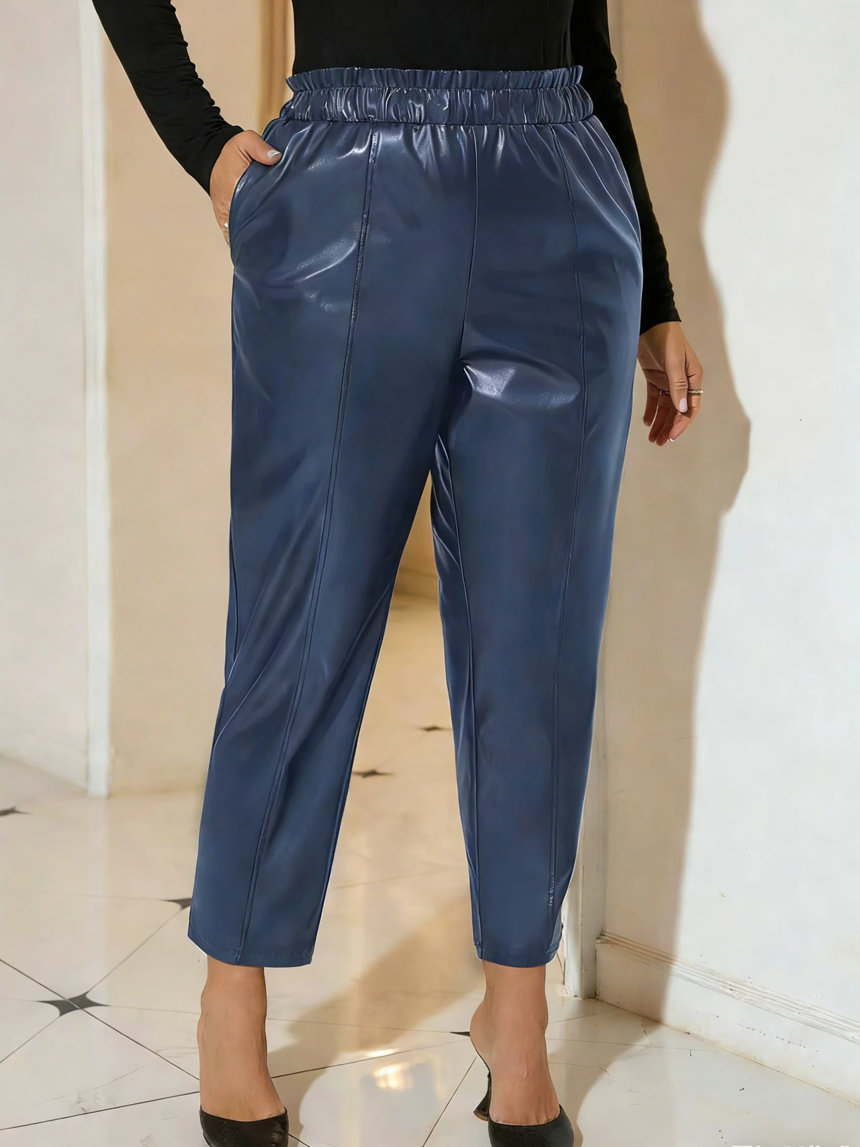 

Синие брюки-шаровары из искусственной кожи больших размеров, женские укороченные брюки с эластичной талией и карманами