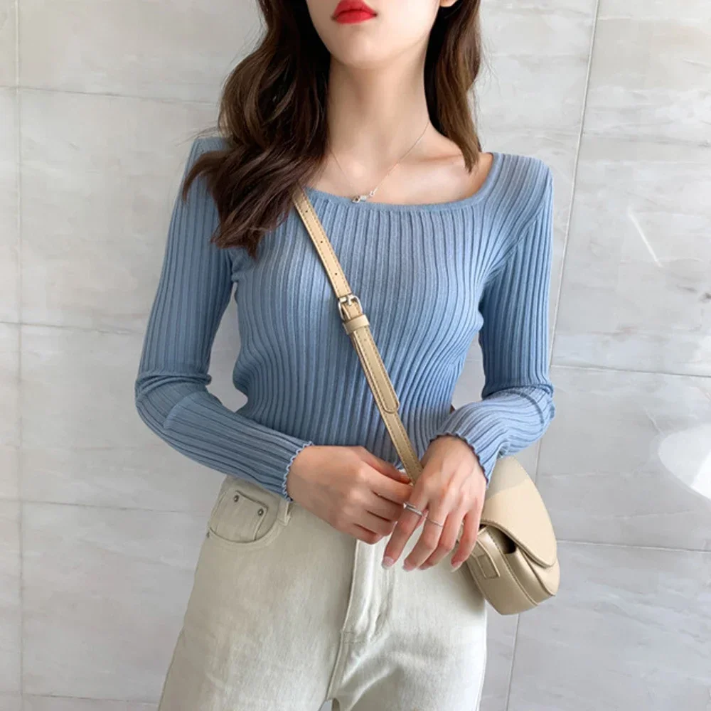 Woman Square Neck T Shirt Sweater Women Black Blue Knitt Blouse Pullover Top Girl S-XL Long Sleeve Slim Stretch Shirt Clothes image 3
