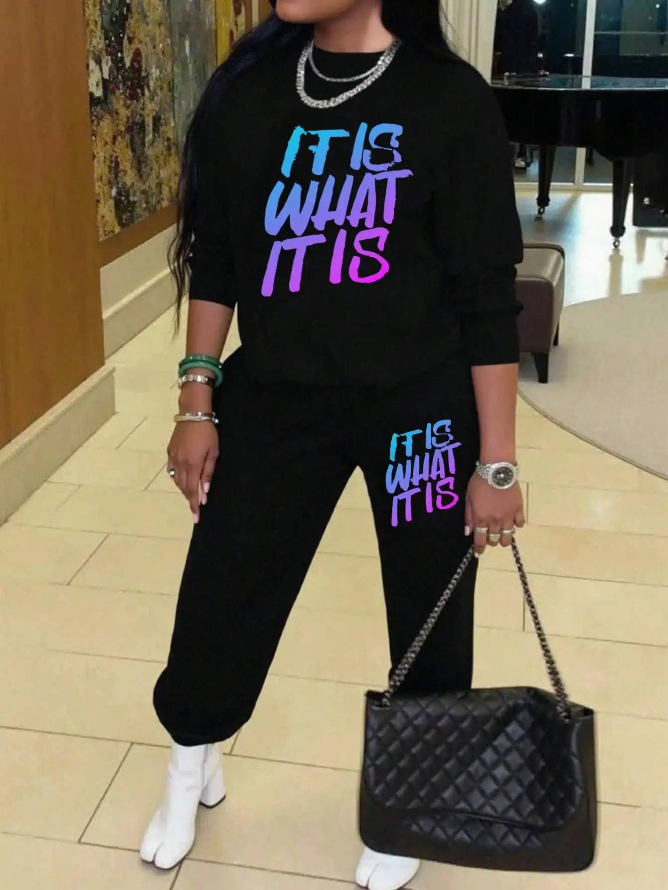 

Plus Size Black Graphic Print Sweatshirt & Sweatpants 2-Piece Set, Loose Fit Casual Lounge Wear for Autumn Winter