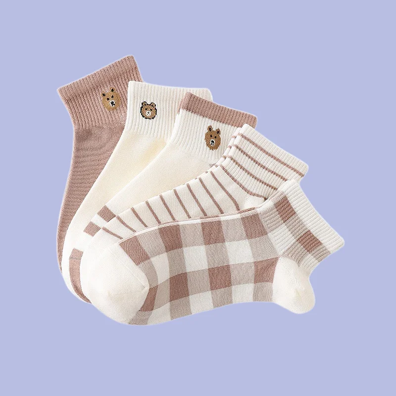 Chaussettes Bateau en Coton Absorbant la Sueur pour Femme, Minces, Mignonnes, Dessin Animé, Ours, Décontractées, Ins Chimallow Mouth, Été, Nouveau, 5 Paires