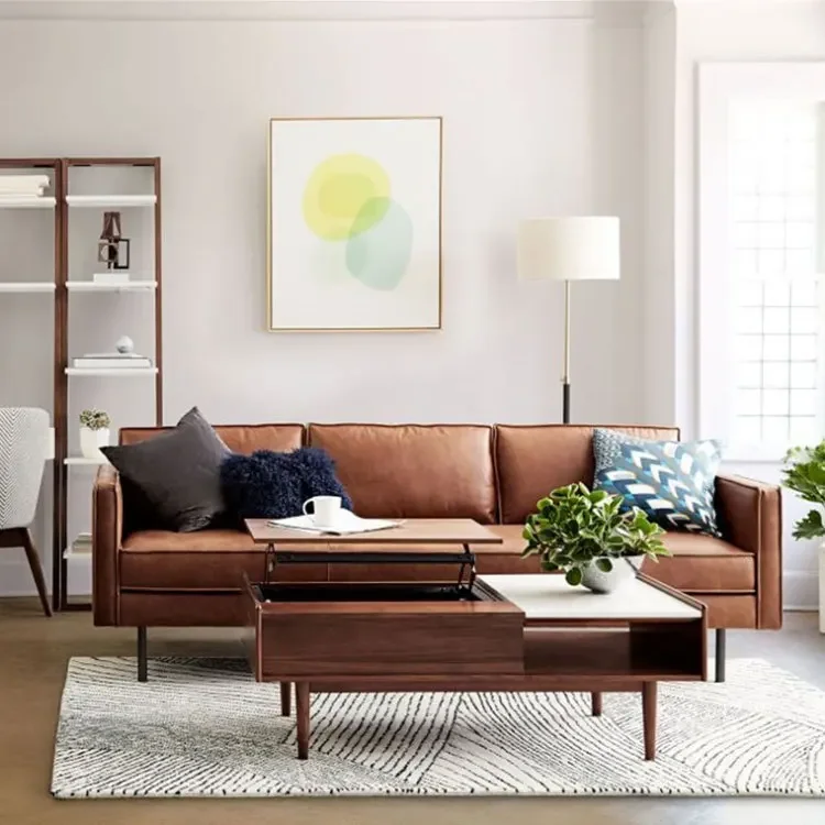 Nordic light luxury leather art three-person sofa living room simple small-apartment rental room sofa top layer cowhide