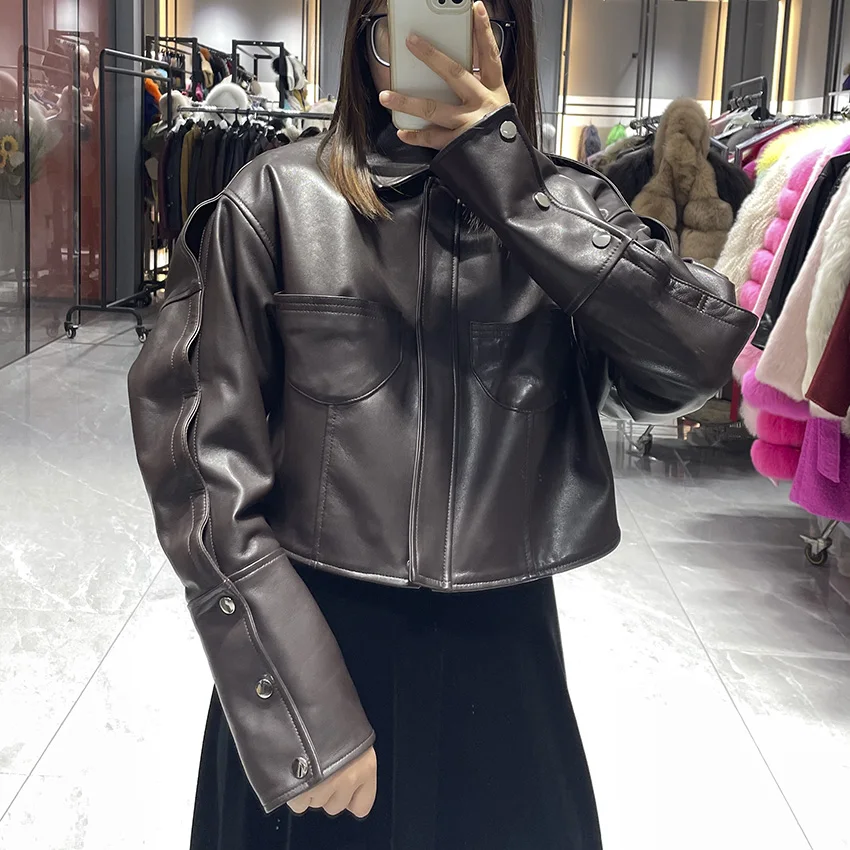 JANEFUR Women Spring Black Genuine Leather Short Jacket Coat Autumn Loose Real Leather Sheepskin Overcoat JFB6-25002