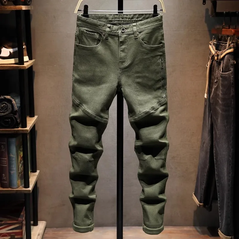 Men Army Green Jeans Spliced Stitching Design Side Zip Decor Washed Stretch Slim Fit Streetwear Denim Jeans hombre