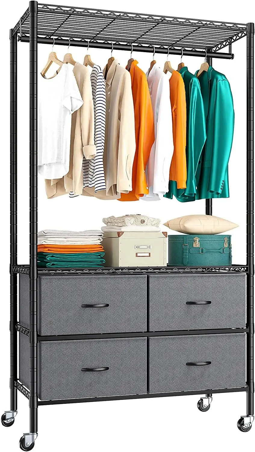 Heavy Duty Rolling Clothes Rack 4 Drawers Lockable Wheels Tool-Free Assembly Freestanding Adjustable, Customized