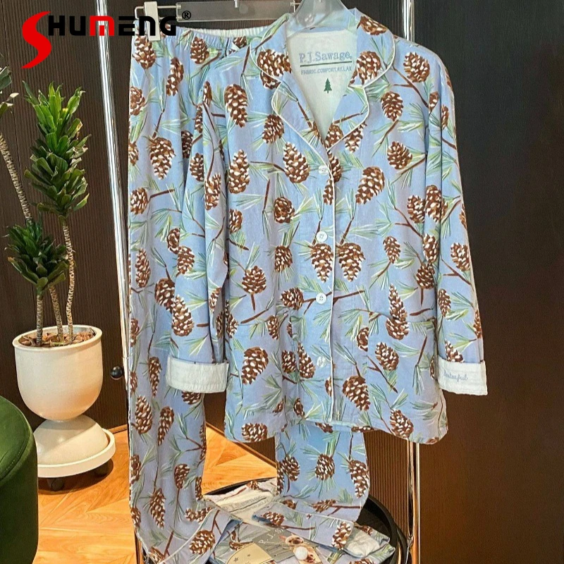 

Осень-зима, мягкая домашняя одежда из чистого хлопка для женщин, пижамный комплект с начесом в японском стиле, женские свободные брюки, костюмы для сна