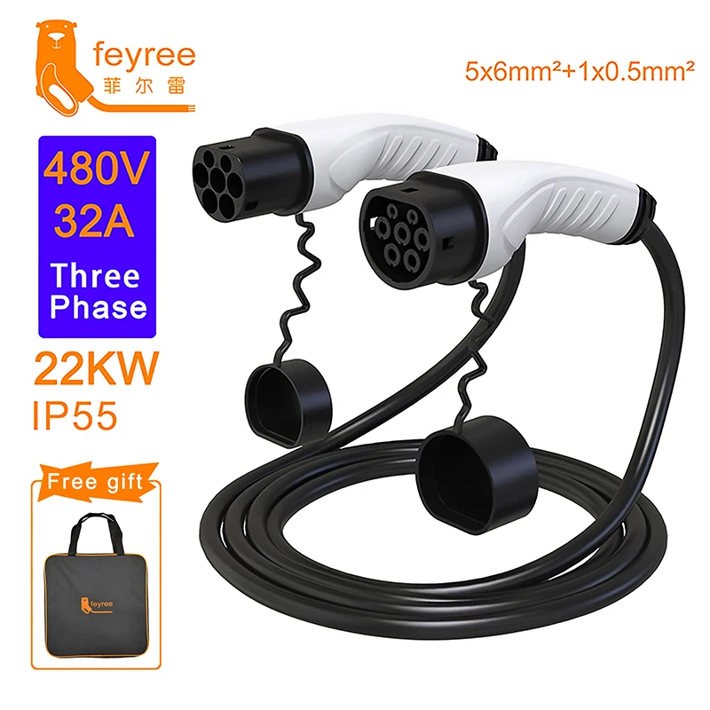 feyree EV Charger Type2 Cable Female Car Side to Type2 Male Plug 16A 3.5KW 32A 7KW 1Phase 11KW 22KW 3 Phase for Electric Car