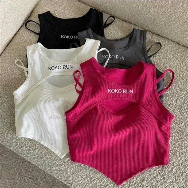 

Casual Crop Tops for Women Knitting Irregular Tops Hollow Out Camisole Women Fake Two Pieces Tank Tops with Bra Pad