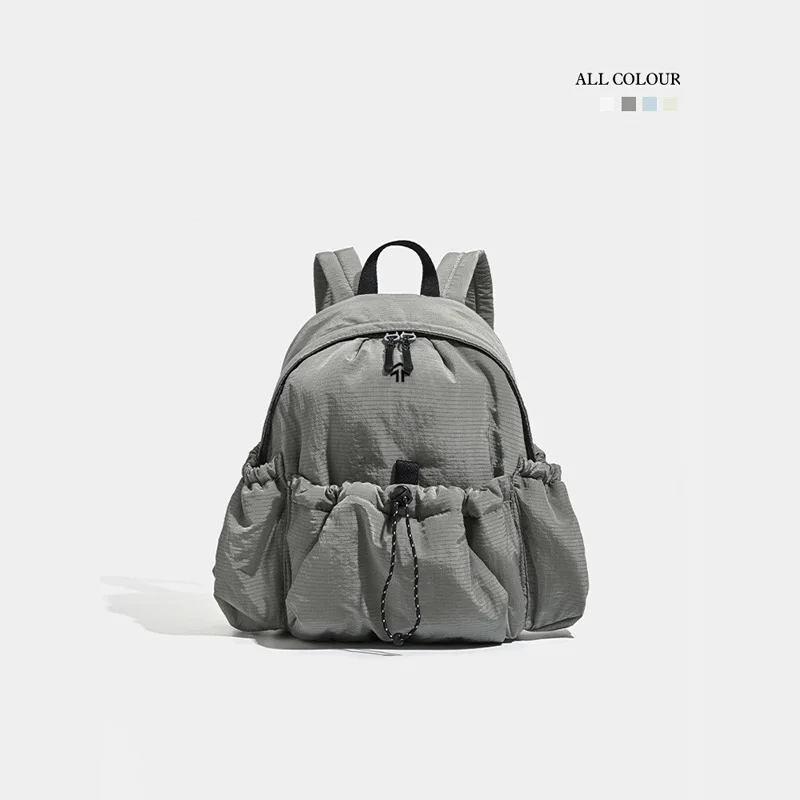 Lightweight Ruched Drawstring Nylon Backpack Solid Color Casual Mini Daypack Multi Pocket Soft Fabric Women Travel Rucksack