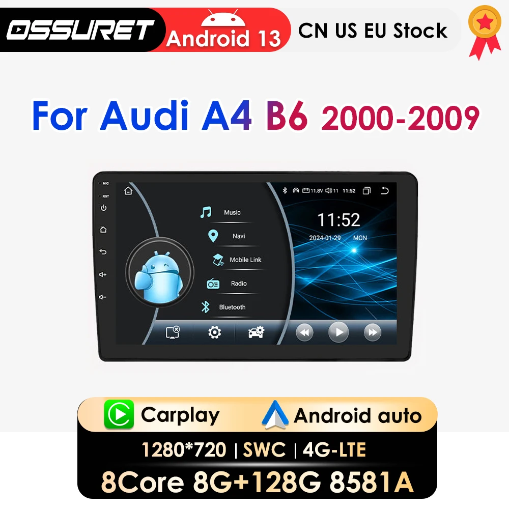 

2Din Android 13 Car Stereo Multimedia for Audi A4 B6 2000-2009 car audio GPS autoradio navigation Carplay DSP RDS headunit 8581A