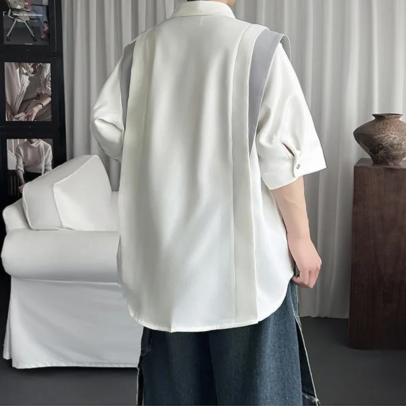 Men's Fashion Splicing T-shirt Summer Lapel Single breasted Mid Sleeve Shirt American Casual Loose Simple Color Contrast Tees