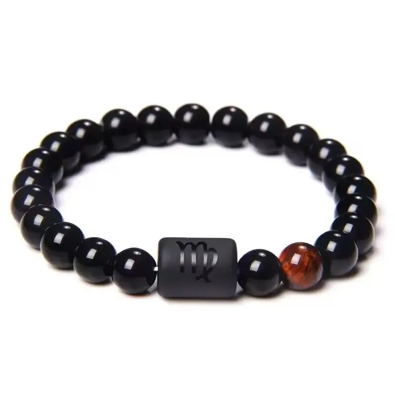 Zodiac Constellations Natural Black Agate Stone Bracelets for Men and Women Beaded Bracelet Jewelry Gifts