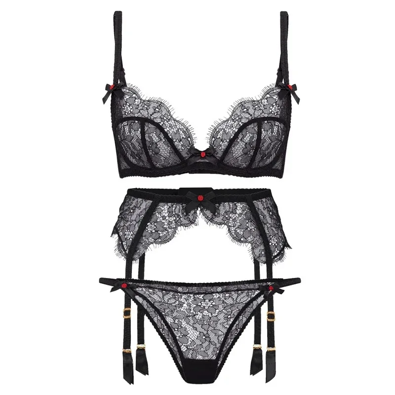 3 pcs ชุดชั้นในเซ็กซี่ Garter ชุดสตรีชุดชั้นในชุดขนตา Rose Bow Lace Brassiere ชุด Sex Lace Bralette Bra และ Panty ชุด