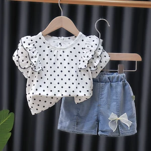 Baumwoll -T -Shirt und Jeanshorts für Babys, Sommerkleidung, 2 Stücke, 0 bis 4 Jahre 6 Hauptverkäufe Denim für Mädchen festgelegt - №5