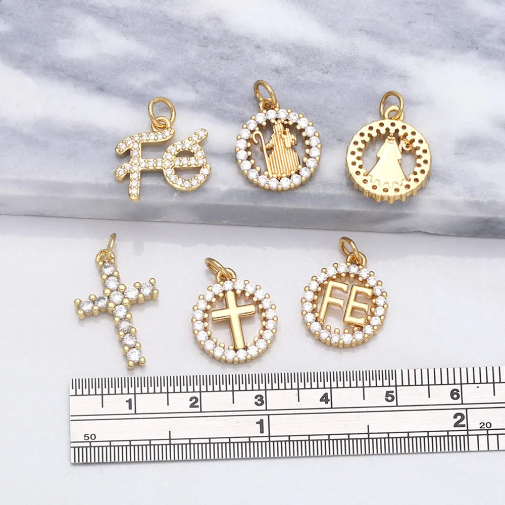 OCESRIO Virgin Mary Charms for Necklace Earrings Gold Plated Copper CZ Cross FE Handmade Jewelry Making Supplies DIY chma151