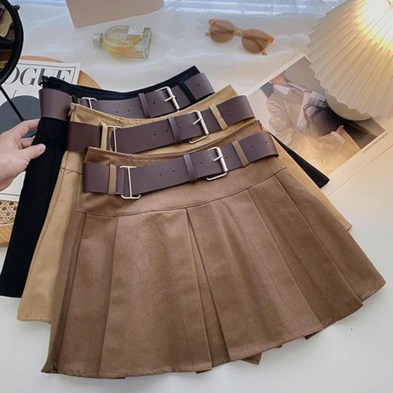 Fashion Belt Women Pleated Skirts High Waist Shorts Mini Skirt Buttons Female Korean All Match Skirt New