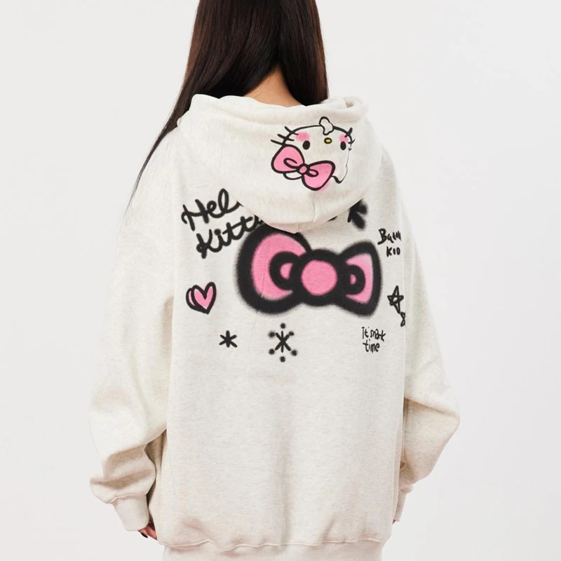 Retro Hello Kitty Cardigan Hooded Sweatshirt Sanrioed Cartoon Christmas Gift for Girls Autumn Velvet Trendy Couple Kawaii Top