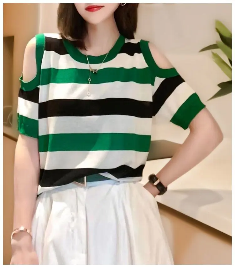 Design-shoulder Contrasting Stripes Loose Round Neck Ice Silk T-shirt Casual Versatile Short-sleeved Pullover Knitted Sweater