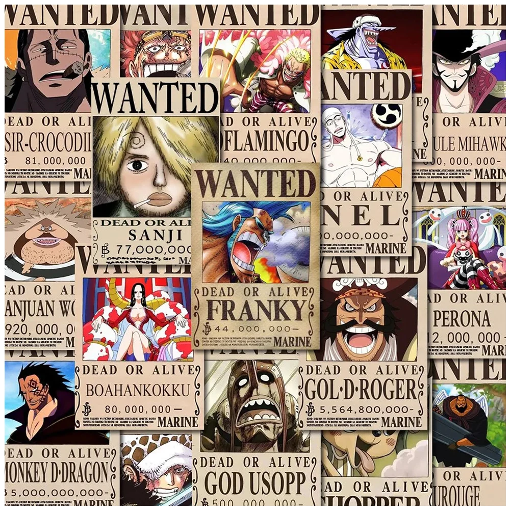 56 pezzi Anime One Piece Wanted Poster adesivi Cool Cartoon Decal Laptop Notebook Decorazione del telefono Adesivo da parete Graffiti