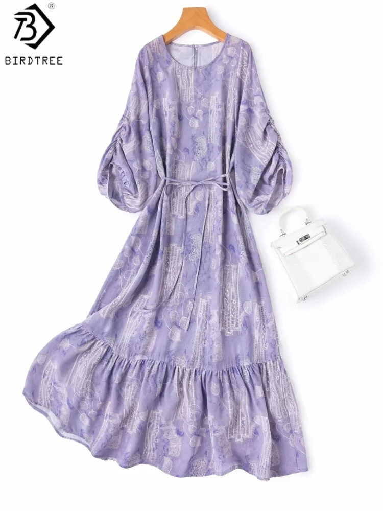 

BirdTree, 100%Real Silk Dress, Grass Dyeing, Women Double Crepe Elegant Dresses, Lantern Sleeve O-neck, 2026 Spring New D62007JF