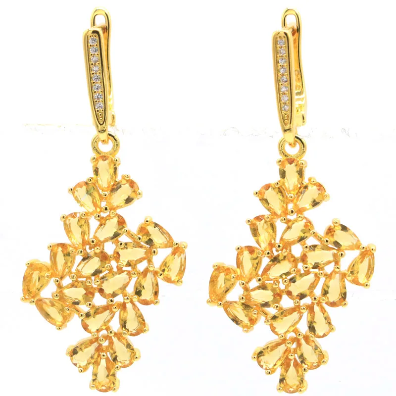50x21mm Gorgeous 6.9g Golden Citrine White CZ Women Wedding Gold Silver Dangle Earrings
