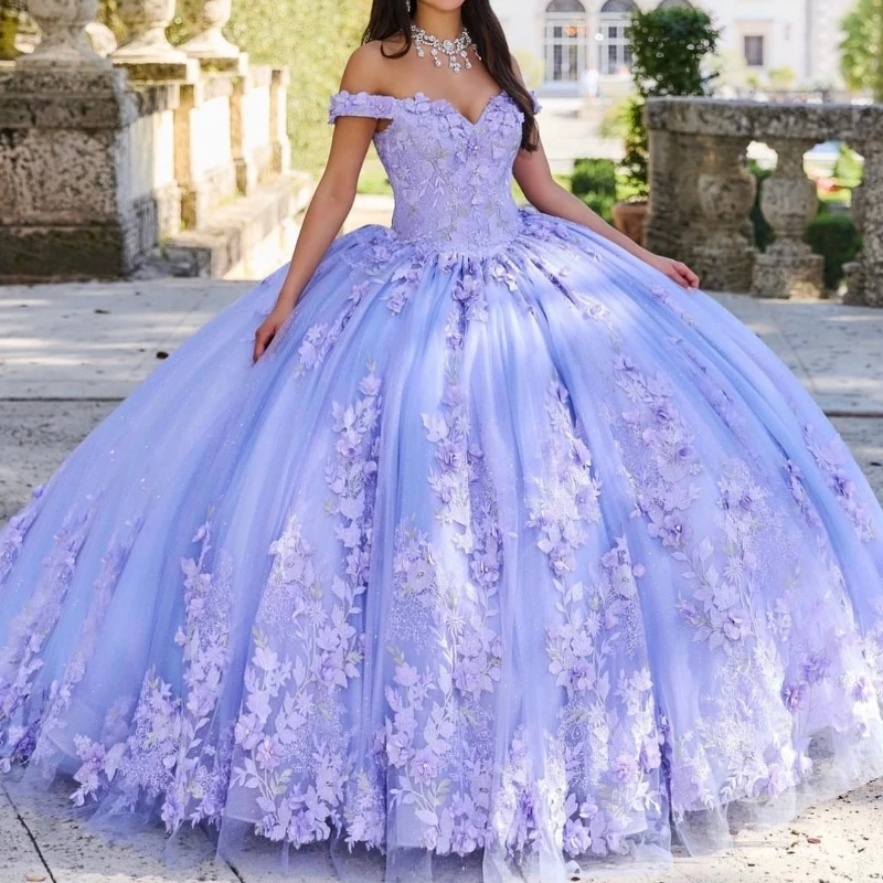 

Сиреневое блестящее платье Quinceanera с открытыми плечами, коллекция 2024 года, объемные блестки, блестки, бриллианты, платья для выпускного вечера, 15