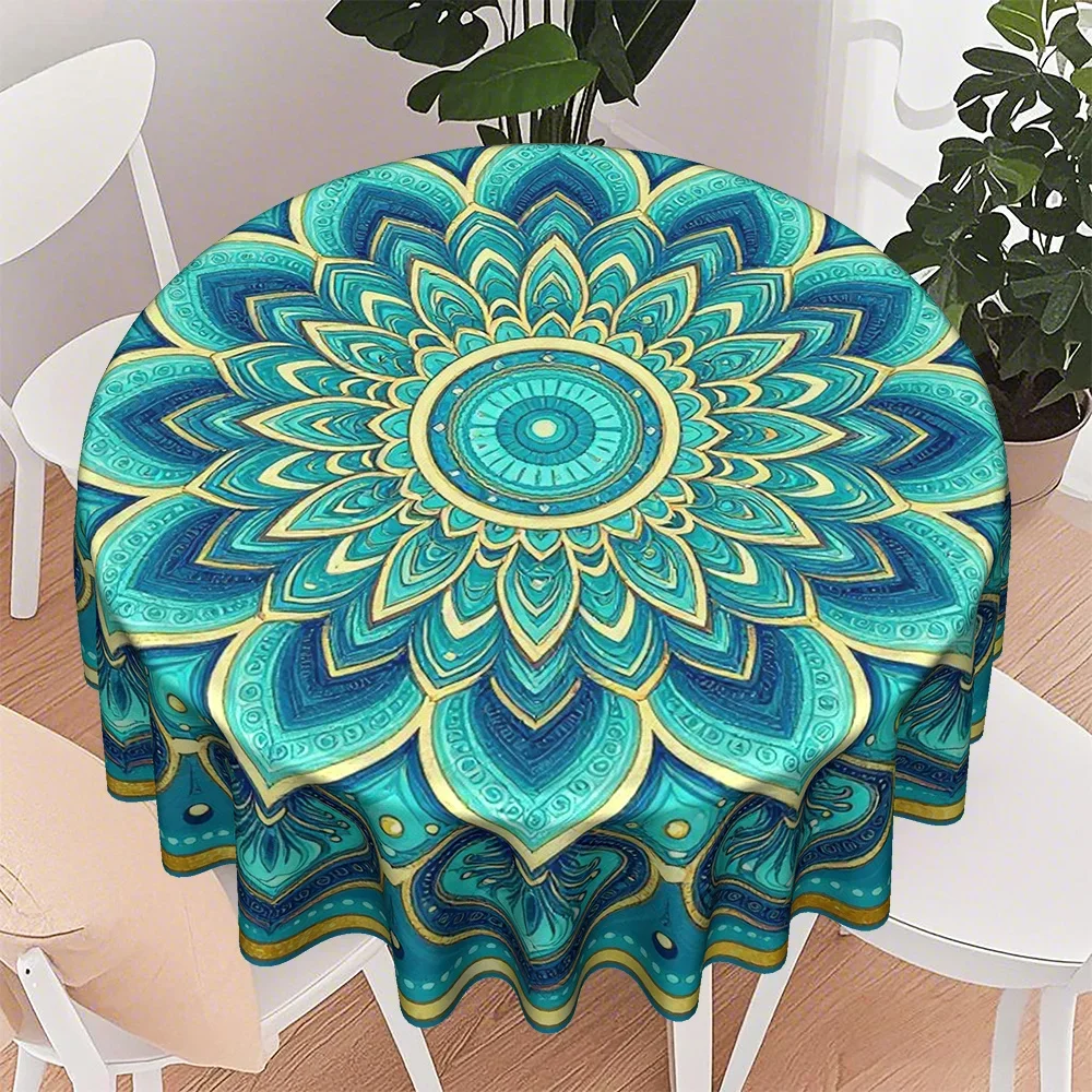 One Bohemian-style round tablecloth with turquoise and golden floral pattern design