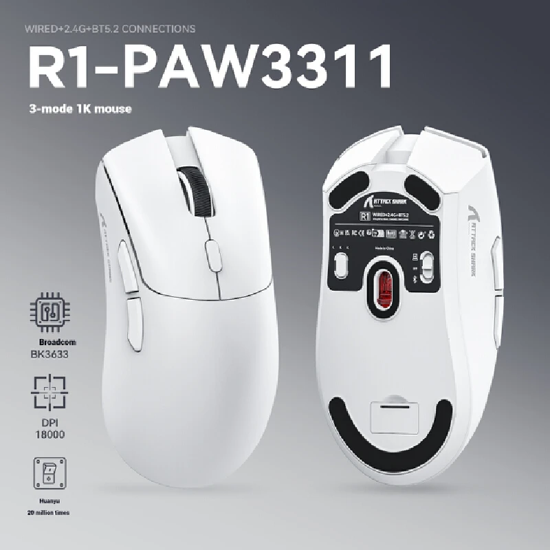 Attack Shark R1 Wireless Gamin Mouse,bt5.2/2.4ghz/wired Computer Mouse, Paw3311 18k Dpi Optical Sensor, Programmable Buttons