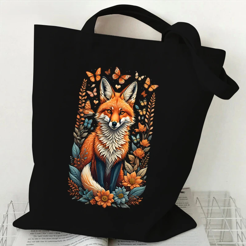 Sakura Fox Print Handbags Women Butterfly Wild Flower Shopper Shopping Bag Anime Animal Fox Reusable Fashion Trend Shoulder Bags