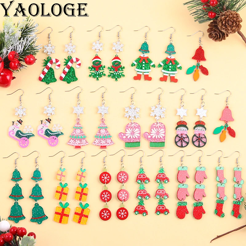 YAOLOGE 2025 New Arrival Christmas Gift Snowman Christmas Tree Socks Earrings Acrylic Material Women Fun New Year Gift Eardrop
