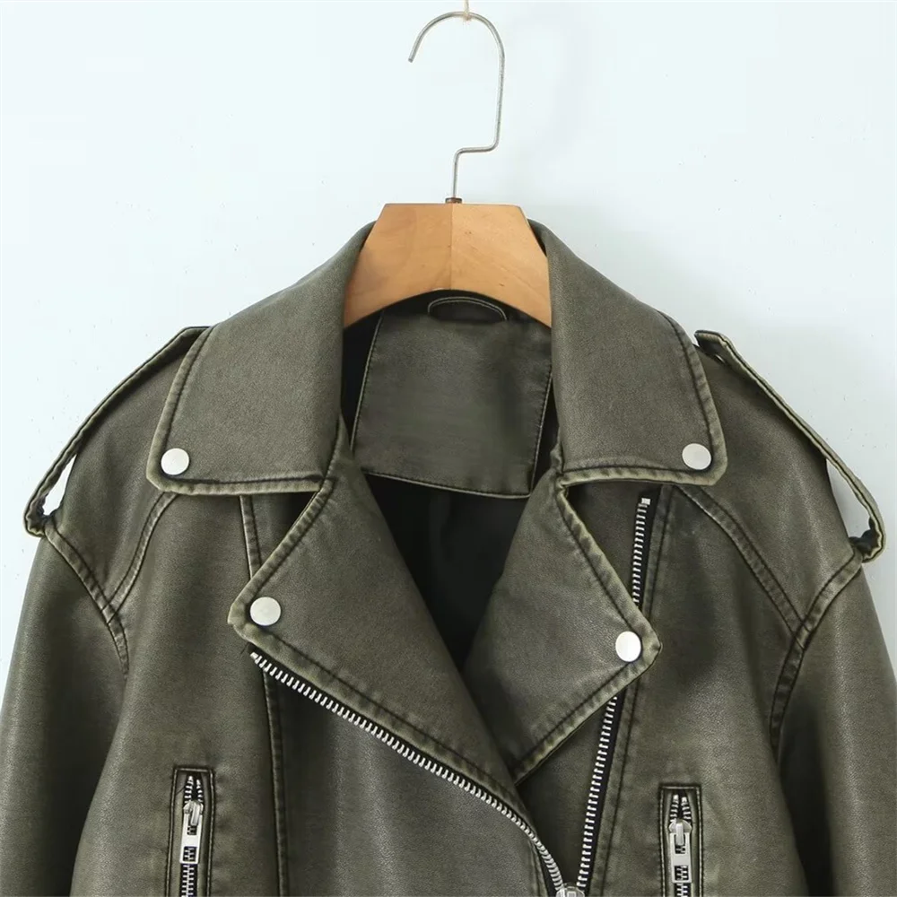 Outono novo produto jaqueta de couro solta feminina com gola e manga longa casaco de imitação de couro pu